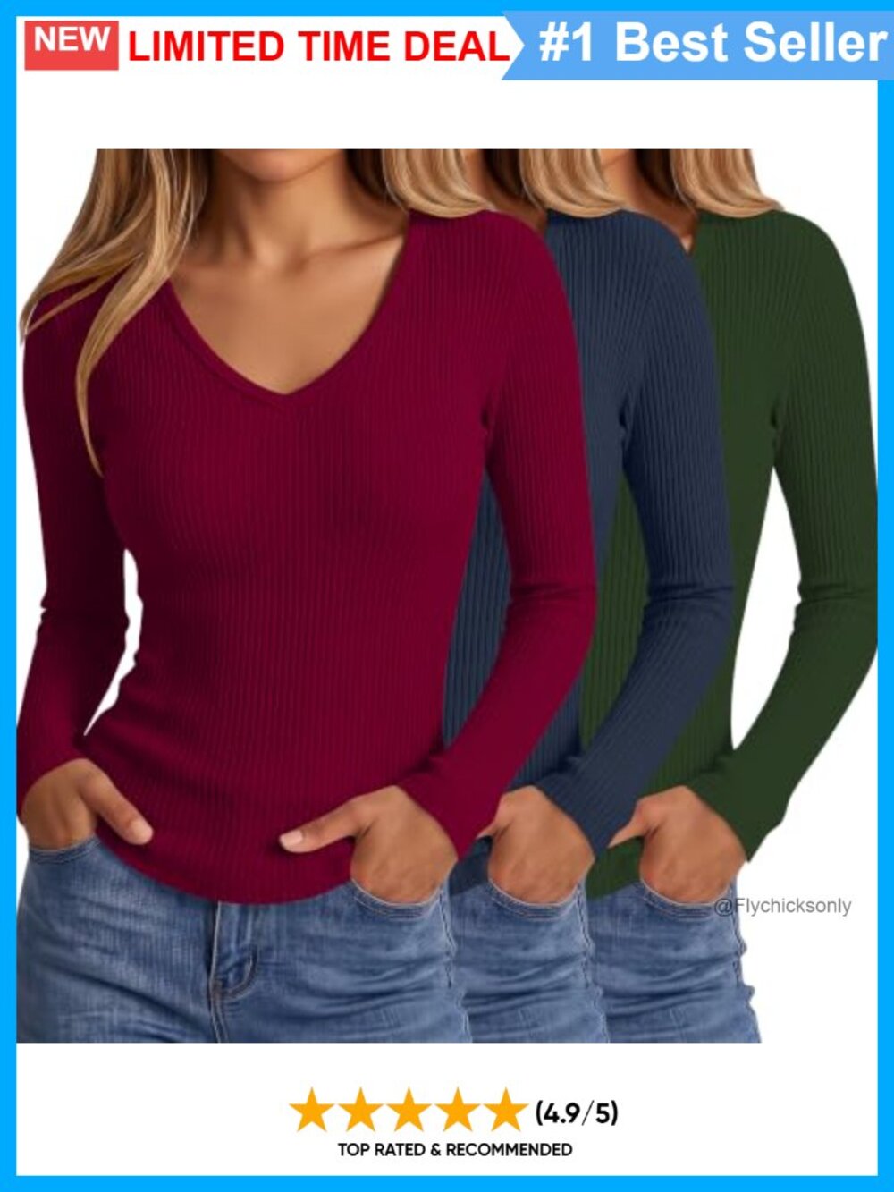 Cotton Ribbed V-Neck Long Sleeve Slim Fit Basic Tee 3 Pack